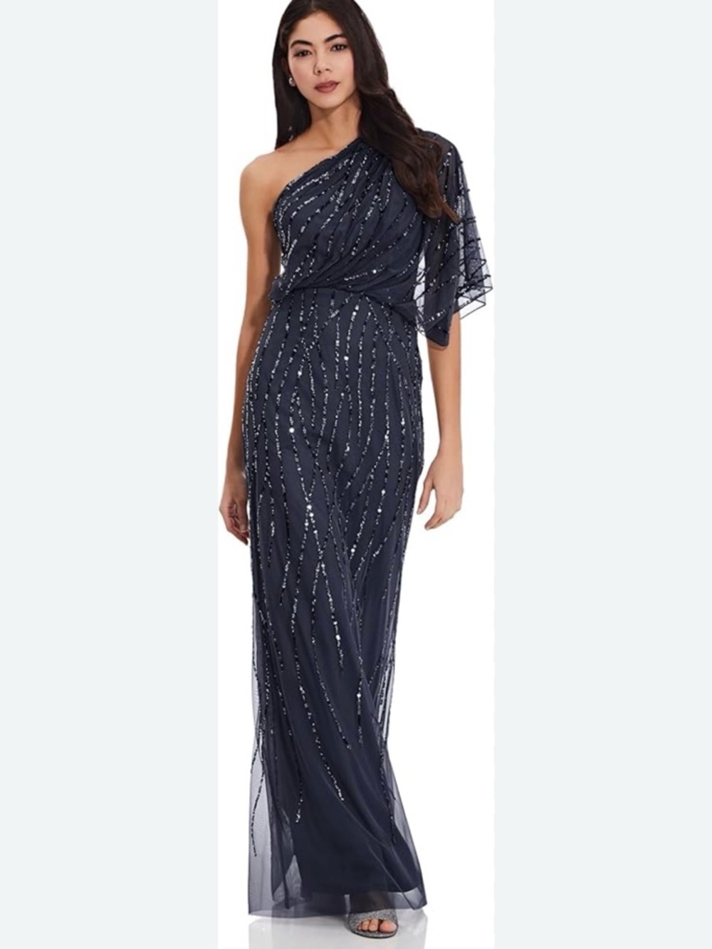 Adrianna Papell Navy One-Shoulder Sequin Evening Gown